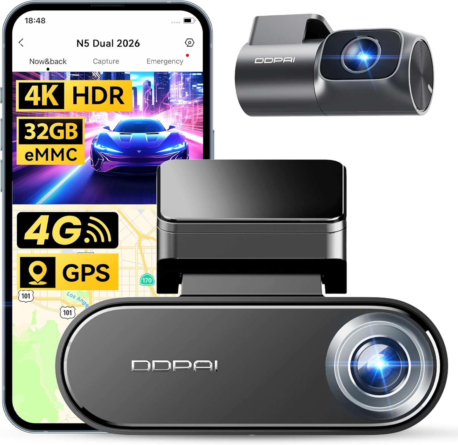 كاميرا تابلوه DDPAI N5 Dual أمامية بدقة 4K وخلفية 1080P مع GPS وتحكم صوتي