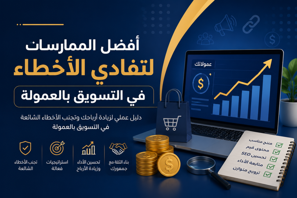 تصميم غلاف لمقال عن أفضل الممارسات لتفادي الأخطاء في التسويق بالعمولة، يتضمن حاسوبًا يعرض نمو الأرباح، ورسومًا بيانية، وعناصر تسويق رقمي مثل عربة التسوق والعملات المعدنية وقائمة تحقق، مع تصميم احترافي باللونين الأزرق والذهبي يرمز إلى النجاح وتحسين الأداء.