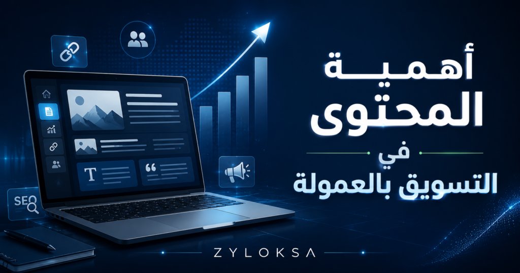 صورة توضح أهمية المحتوى في التسويق بالعمولة مع لابتوب يعرض محتوى تسويق رقمي ومخطط نمو وأدوات SEO لزيادة الأرباح.