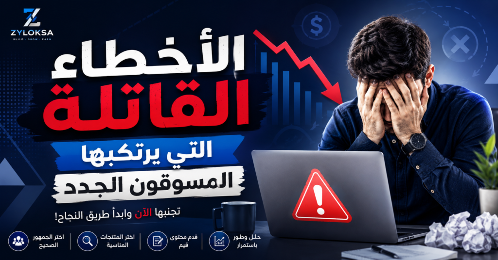 **النص البديل (Alt Text):** رجل يبدو عليه الإحباط أمام حاسوب محمول مع رسم بياني هابط وعلامة تحذير، في تصميم احترافي يوضح الأخطاء القاتلة التي يرتكبها المسوقون الجدد في التسويق بالعمولة وتأثيرها على الأرباح والنجاح.