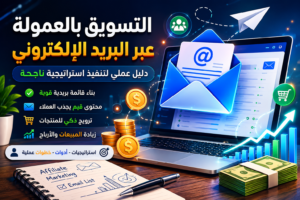 التسويق بالعمولة عبر البريد الإلكتروني مع لابتوب يعرض حملة بريدية، رسائل إلكترونية، رسوم بيانية صاعدة، وعناصر رقمية تمثل زيادة المبيعات والأرباح من التسويق الإلكتروني.