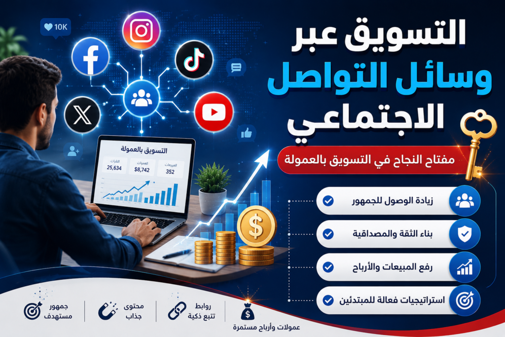 **النص البديل (Alt Text):** رجل يعمل على حاسوب محمول يستخدم منصات التواصل الاجتماعي للتسويق بالعمولة، مع أيقونات X وإنستغرام وتيك توك ويوتيوب ورسوم بيانية توضح نمو المبيعات والأرباح في تصميم رقمي احترافي.