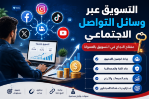 **النص البديل (Alt Text):** رجل يعمل على حاسوب محمول يستخدم منصات التواصل الاجتماعي للتسويق بالعمولة، مع أيقونات X وإنستغرام وتيك توك ويوتيوب ورسوم بيانية توضح نمو المبيعات والأرباح في تصميم رقمي احترافي.