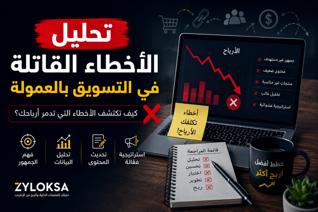 رسم توضيحي احترافي عن تحليل الأخطاء القاتلة في التسويق بالعمولة، يظهر شاشة حاسوب تعرض انخفاض الأرباح وقائمة بالأخطاء الشائعة مثل ضعف المحتوى واستهداف الجمهور غير المناسب، مع عناصر تحليل البيانات وتحسين الاستراتيجية لزيادة الأرباح.