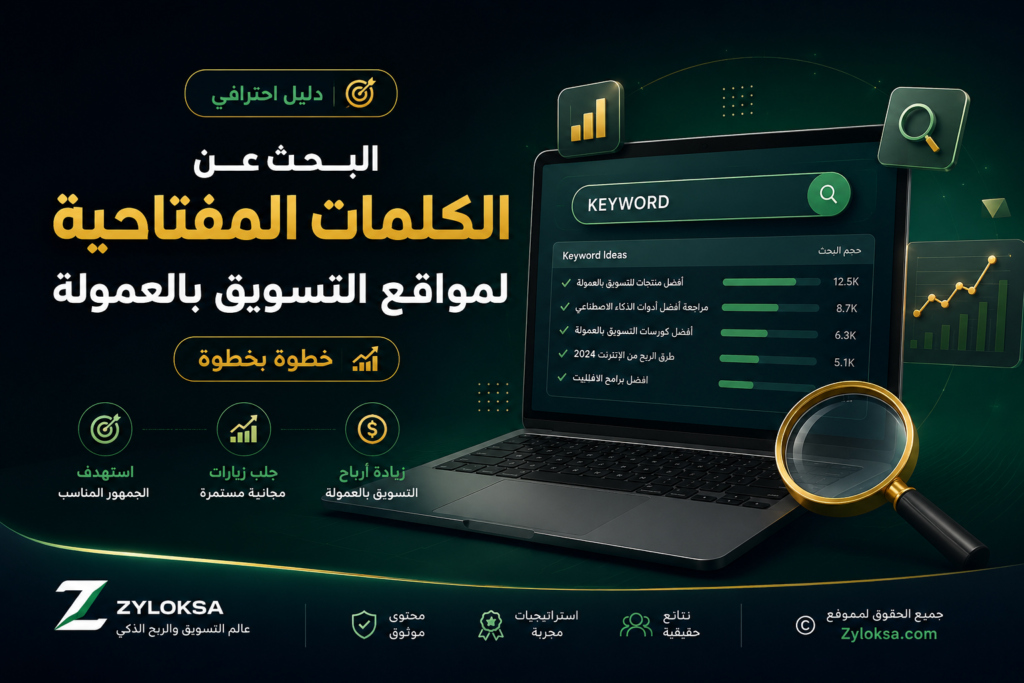 دليل البحث عن الكلمات المفتاحية لمواقع التسويق بالعمولة مع لابتوب يعرض نتائج الكلمات المفتاحية وأدوات SEO وتحليل البيانات لزيادة الزيارات المجانية وتحسين الأرباح من التسويق بالعمولة مع شعار ZYLOKSA.