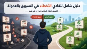 رائد أعمال يعمل على التسويق بالعمولة عبر الحاسوب مع مخططات وتحليلات رقمية توضح الأخطاء الشائعة وطرق تجنبها لتحقيق النجاح وزيادة الأرباح في التسويق الرقمي.