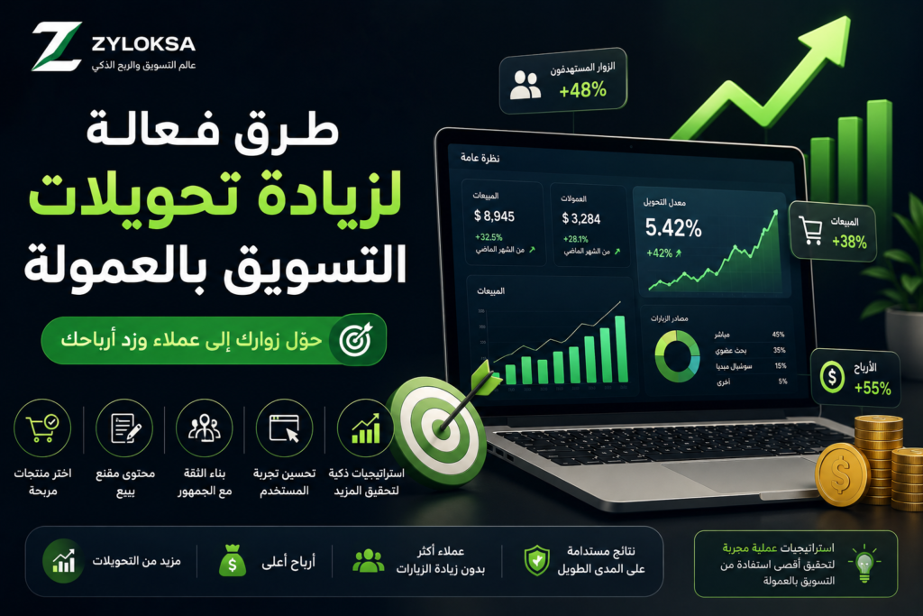 مسوق بالعمولة يراقب إحصائيات التحويل والمبيعات على شاشة لابتوب مع رسوم بيانية صاعدة توضح زيادة الأرباح وتحسين معدل التحويل.