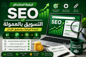 تصميم غلاف يوضح استخدام SEO في التسويق بالعمولة مع مخططات نمو خضراء، كلمات مفتاحية، روابط خلفية، وتحسين محركات البحث لزيادة الزيارات والأرباح.