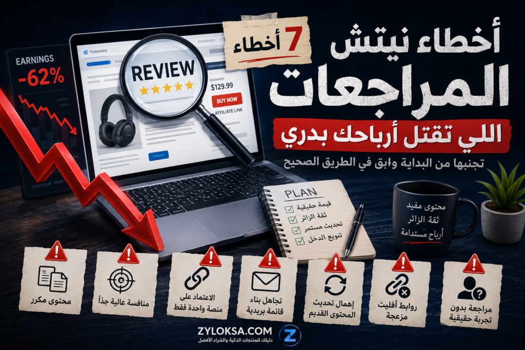 رسم توضيحي يوضح أخطاء نيتش المراجعات التي تؤثر على أرباح مواقع مراجعات المنتجات والتسويق بالعمولة.