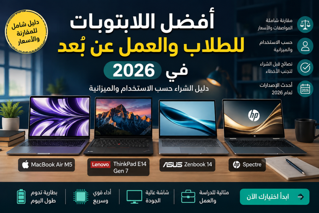 أفضل اللابتوبات للطلاب والعمل عن بُعد في 2026 مع مقارنة بين MacBook Air M5 وLenovo ThinkPad E14 Gen 7 وASUS Zenbook 14 وHP Spectre حسب الأداء والبطارية والسعر.