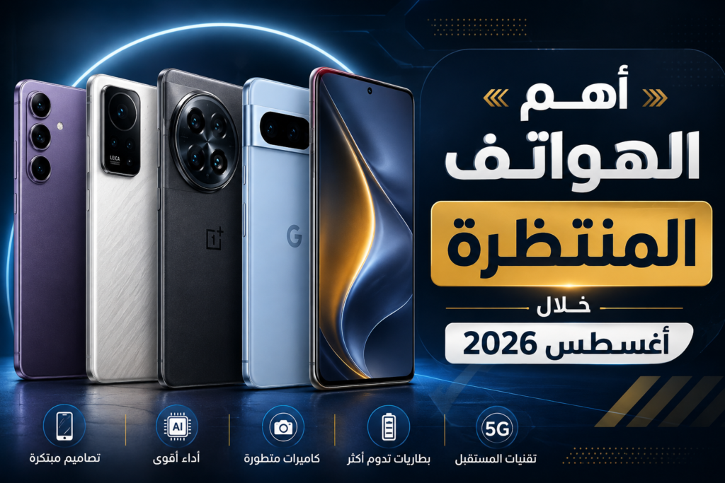 صورة غلاف تقنية تعرض مجموعة من الهواتف الذكية الحديثة مع عنوان "أهم الهواتف المنتظرة خلال أغسطس 2026" بتصميم احترافي بألوان كحلية وذهبية.